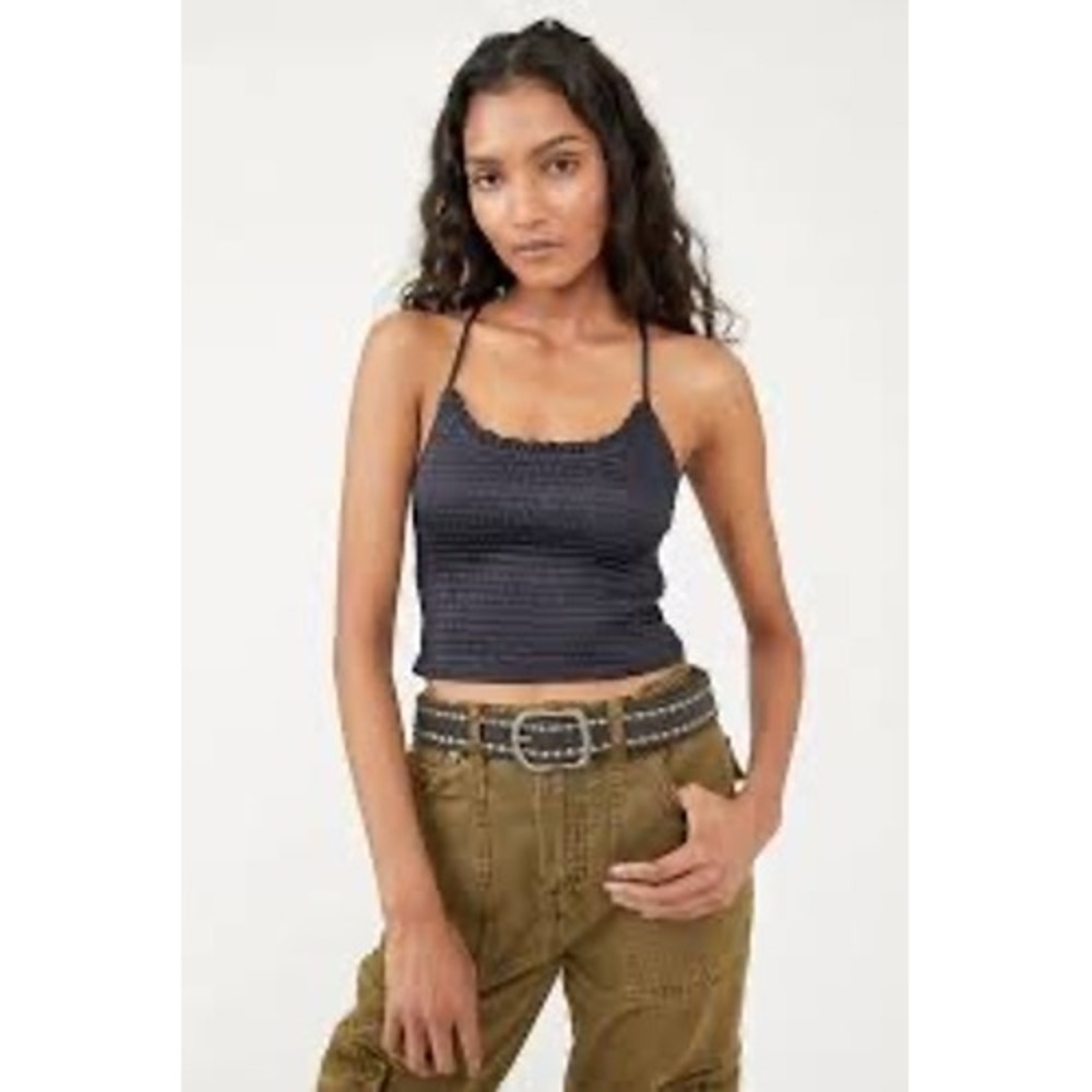 Right on Time Smocked Cami Tank with Adjustable Straps Cropped‎ Casual Black